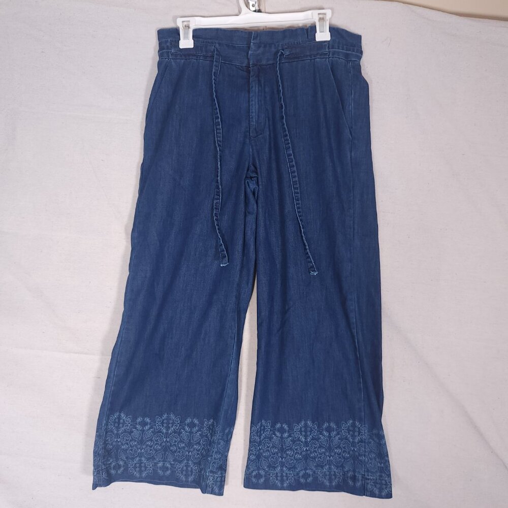 Laurie Felt Womens Chambray Wide Leg Pants XS Blue Floral Hem Boho Cottagecore